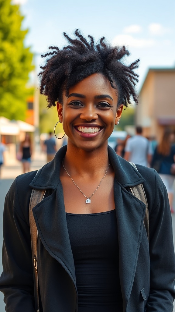 A woman with 4C hair smiling in a casual outfit, showcasing her natural hairstyle.