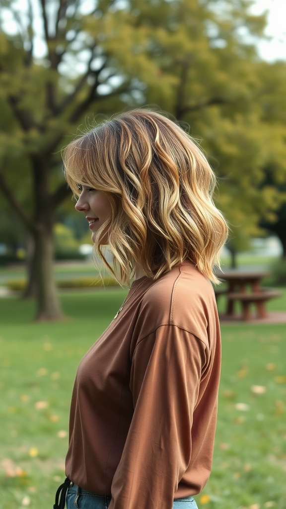 A woman with a soft mullet hairstyle, featuring wavy blonde hair and a casual outfit, standing outdoors.