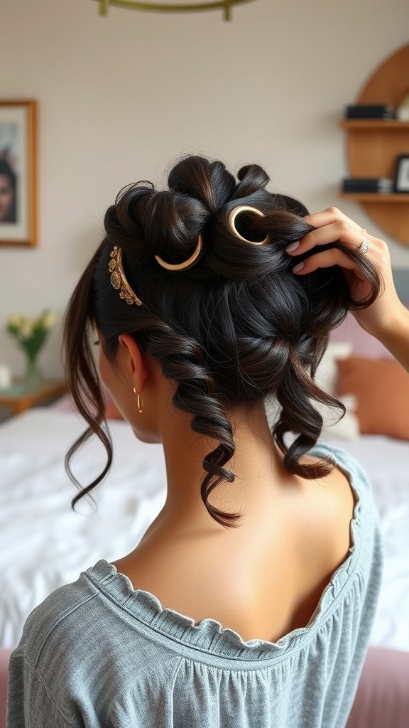 A close-up view of a person's hairstyle featuring elegant gold accessories and curly hair.