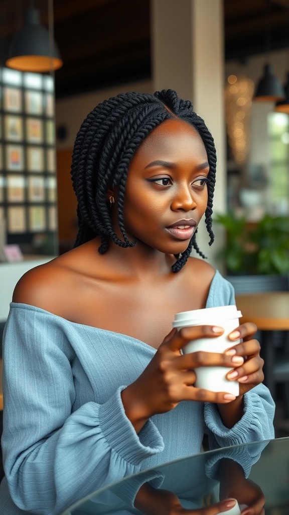 A woman with medium-sized twists, wearing a soft blue top, holding a cup in a cafe setting.