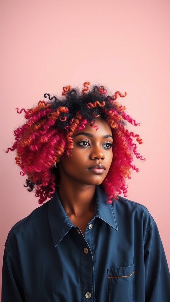 A woman with vibrant pink and orange curly hair, against a pink background, showcasing a lively and colorful hairstyle.