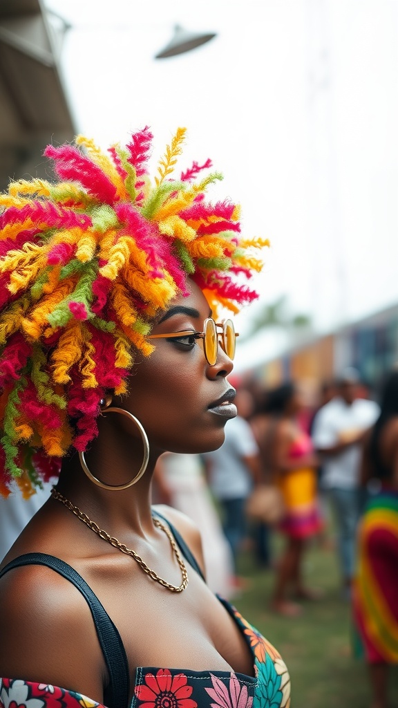 A woman wearing a vibrant multicolored curly wig, showcasing bold colors like pink, yellow, and green, accessorized with sunglasses and earrings.