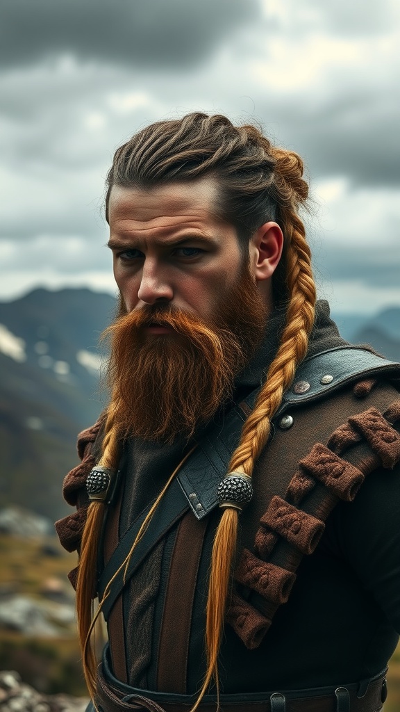 A man with Viking-inspired braids and a beard, set against a mountainous backdrop.