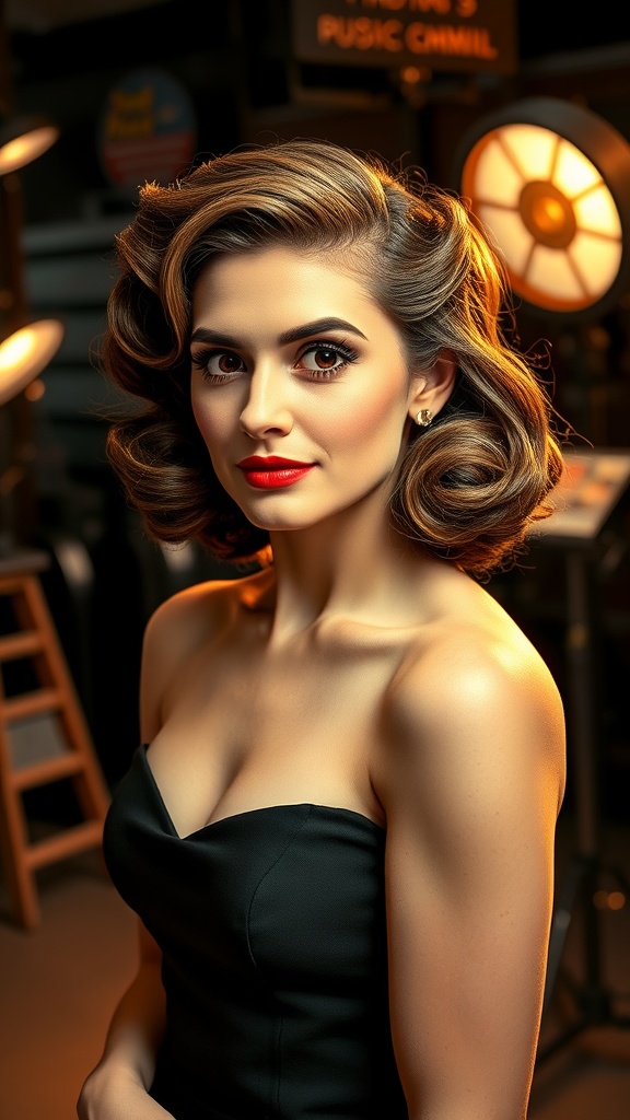 A woman with vintage-inspired finger waves hairstyle, wearing a black dress and red lipstick, in a warmly lit setting.