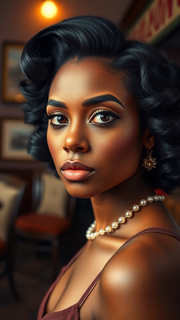 A close-up of a woman with vintage-inspired finger waves, showcasing glossy curls and elegant features.