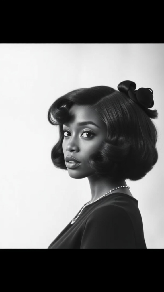 A woman with a vintage-inspired long bob hairstyle, featuring soft curls and a decorative hair accessory.