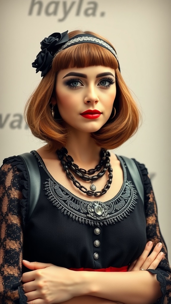 A woman with a vintage-inspired long bob hairstyle, wearing a black dress with lace sleeves and layered necklaces, set against a muted background.