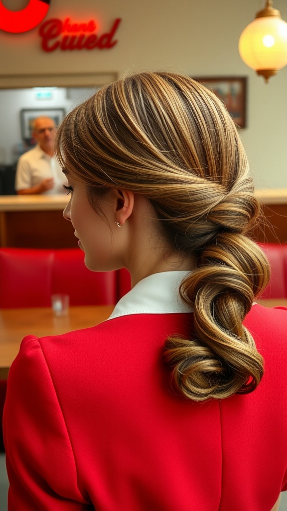 A woman with a vintage-inspired low ponytail hairstyle, highlighting soft curls and a sleek finish.
