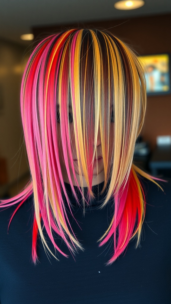 A person with straight hair styled in a modern mullet featuring vibrant pink, yellow, and red colors.