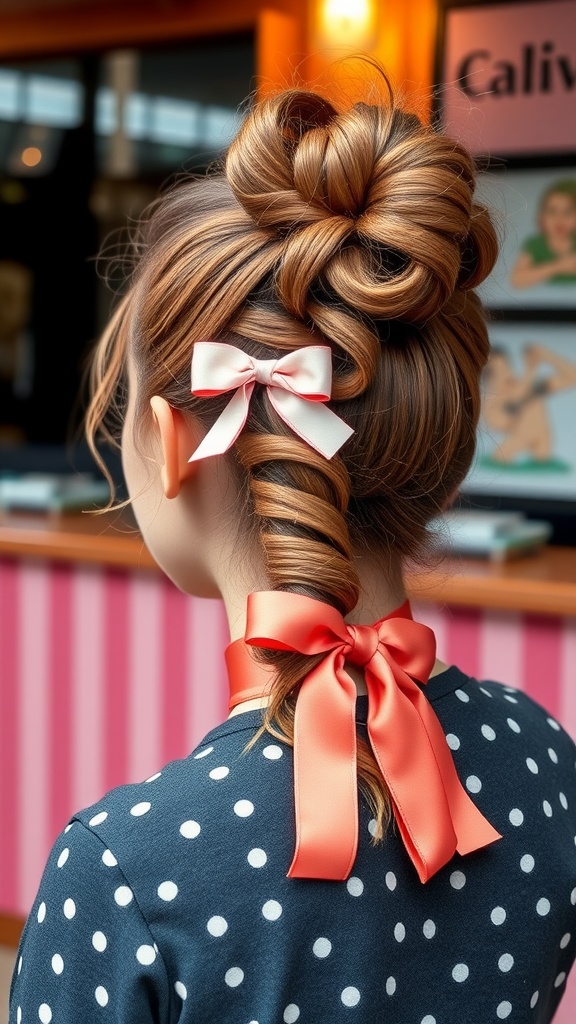 A vintage-inspired ponytail hairstyle featuring twists, loops, and ribbons, showcasing a charming and elegant look.