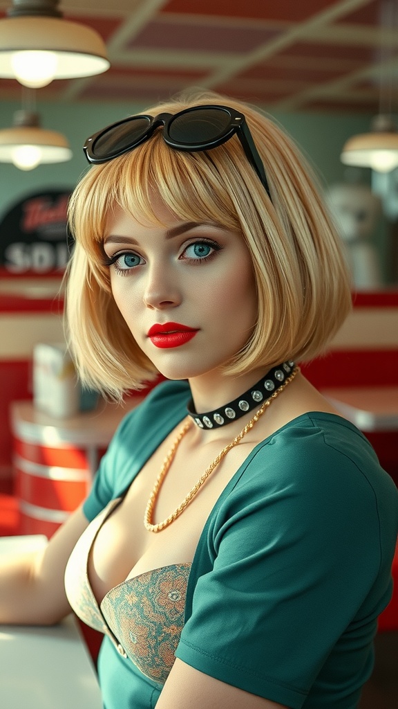 A woman with a vintage-inspired short blonde bob hairstyle, wearing sunglasses and red lipstick