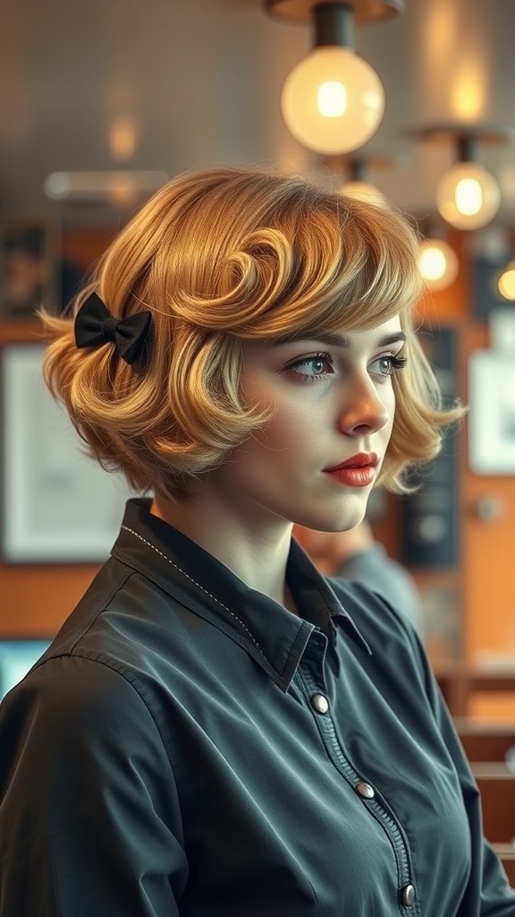 A woman with vintage-inspired short waves, wearing a black shirt and a black bow in her hair.
