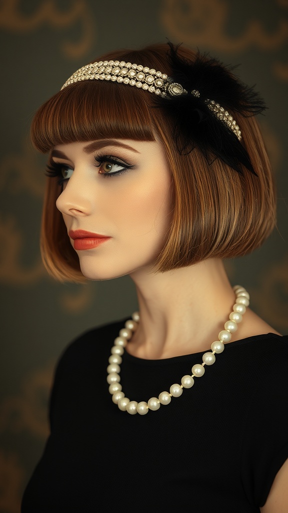 A woman with a vintage bob hairstyle, featuring a jeweled headband and pearl necklace, inspired by the 1920s.
