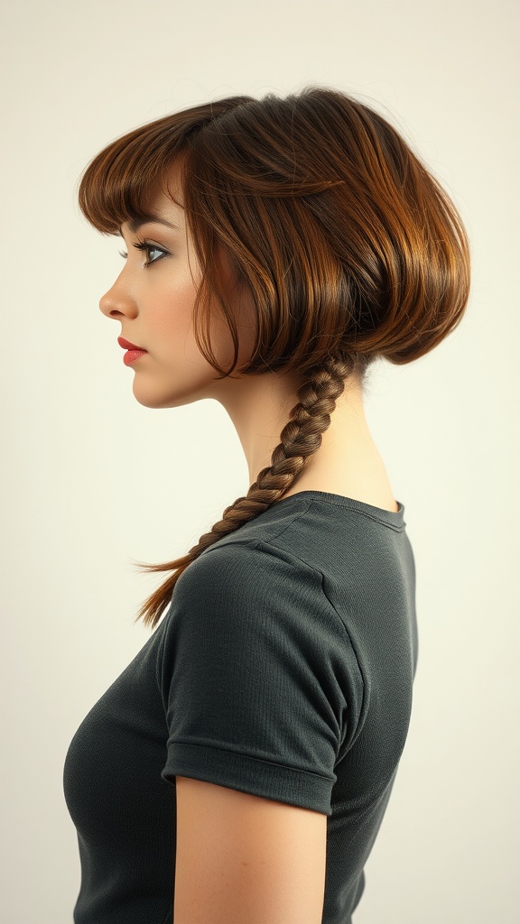 A side profile of a woman with a vintage bob hairstyle and a retro braid.