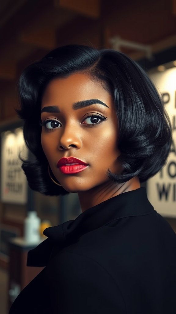 A woman with a vintage curly bob hairstyle, wearing bold makeup and an elegant outfit.