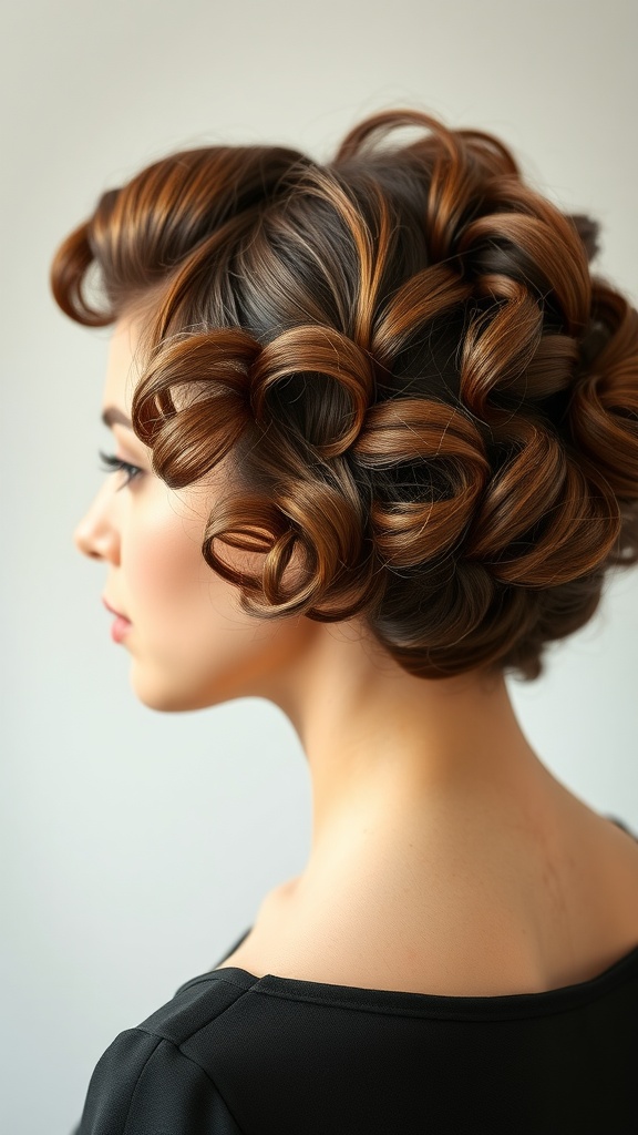 A close-up of a woman with vintage curly finger waves hairstyle, showcasing defined curls and rich brown tones.