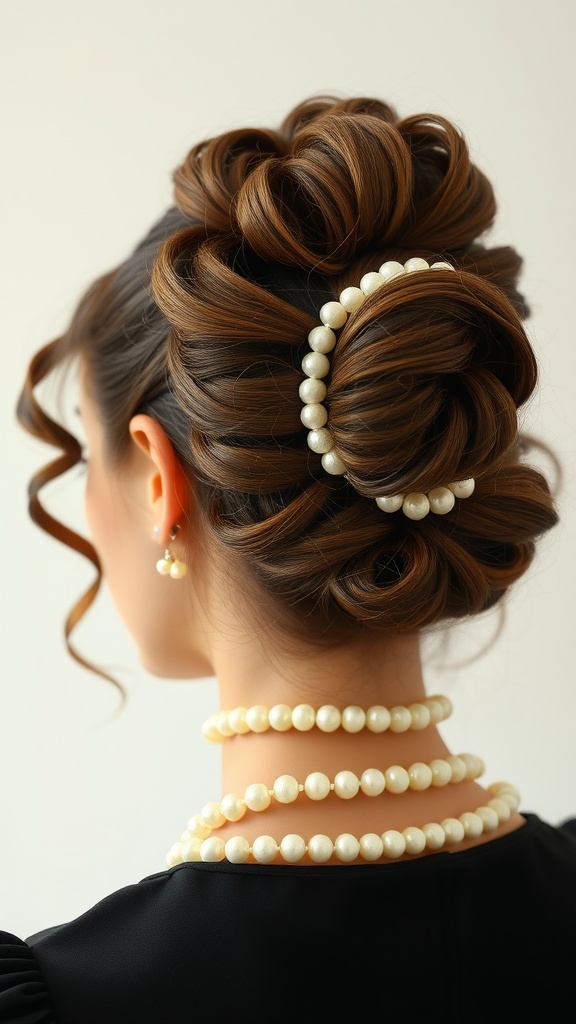 A vintage curly updo hairstyle adorned with pearls, showcasing a sophisticated look.
