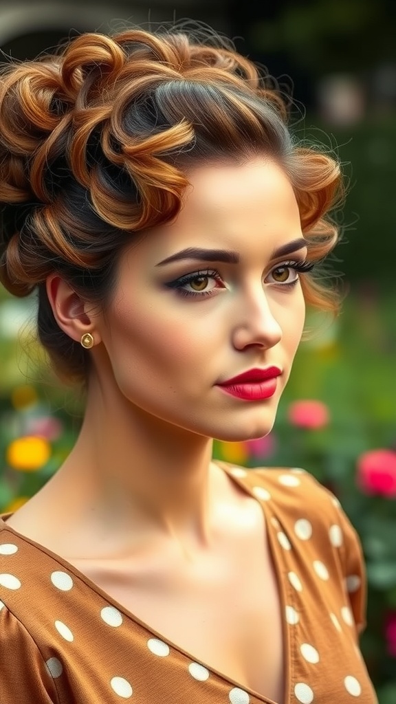 A woman with a vintage curly updo hairstyle, featuring soft curls and warm tones, complemented by bold makeup.