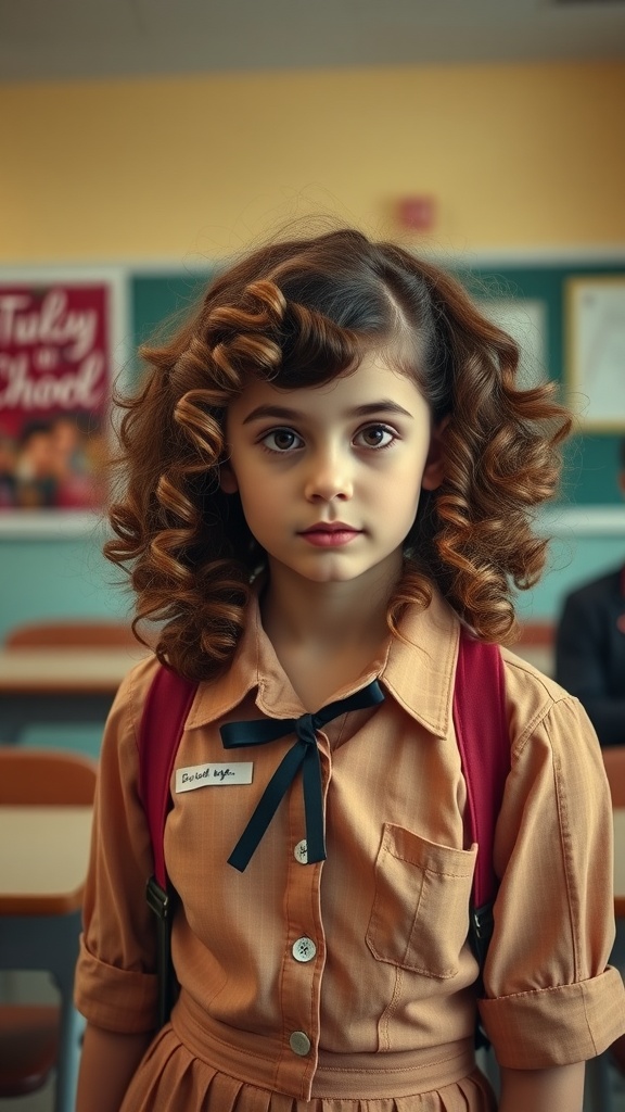 A young girl with vintage curly waves hairstyle, wearing a brown shirt and red backpack, in a classroom setting.