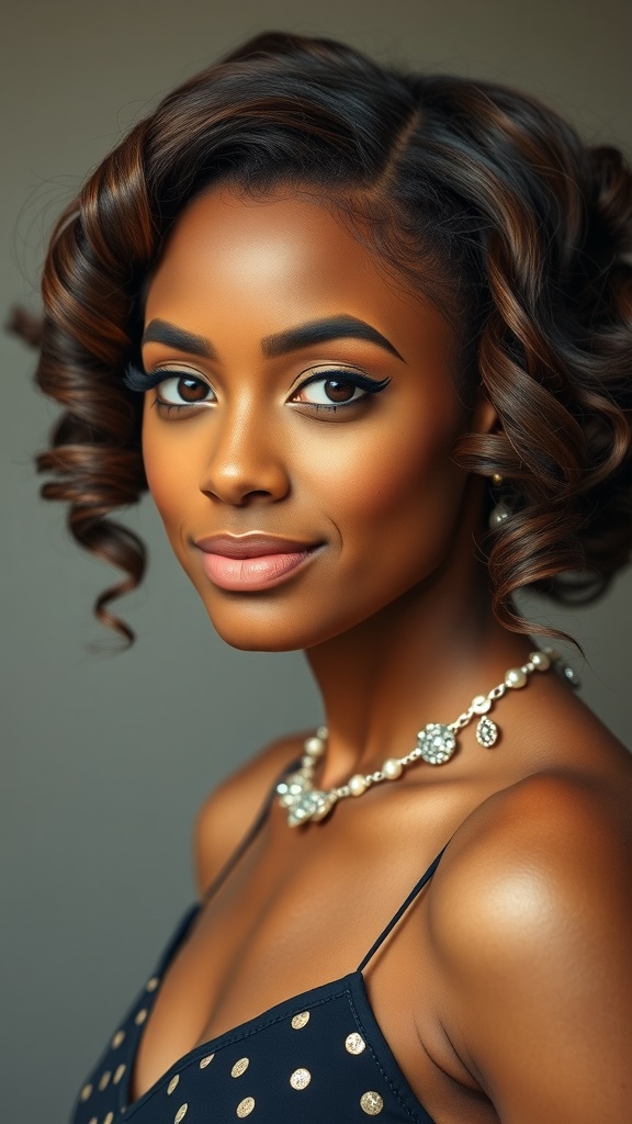 A woman with vintage finger wave hairstyle, showcasing glossy curls and elegant makeup.