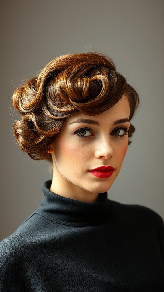 A woman with vintage finger waves hairstyle, showcasing elegant curls framing her face.