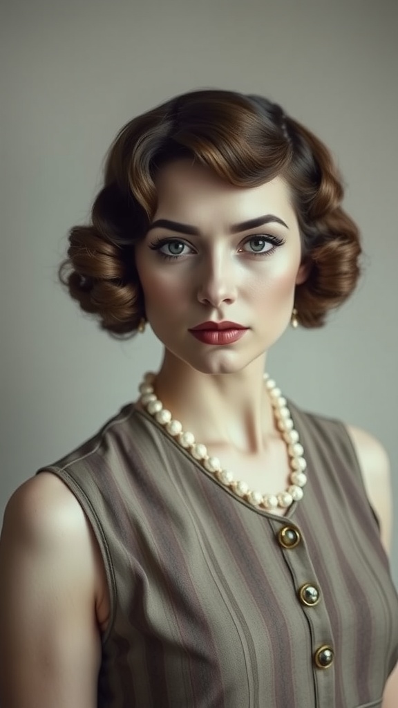 Woman with vintage finger waves hairstyle and pearls, showcasing a classic elegant look.