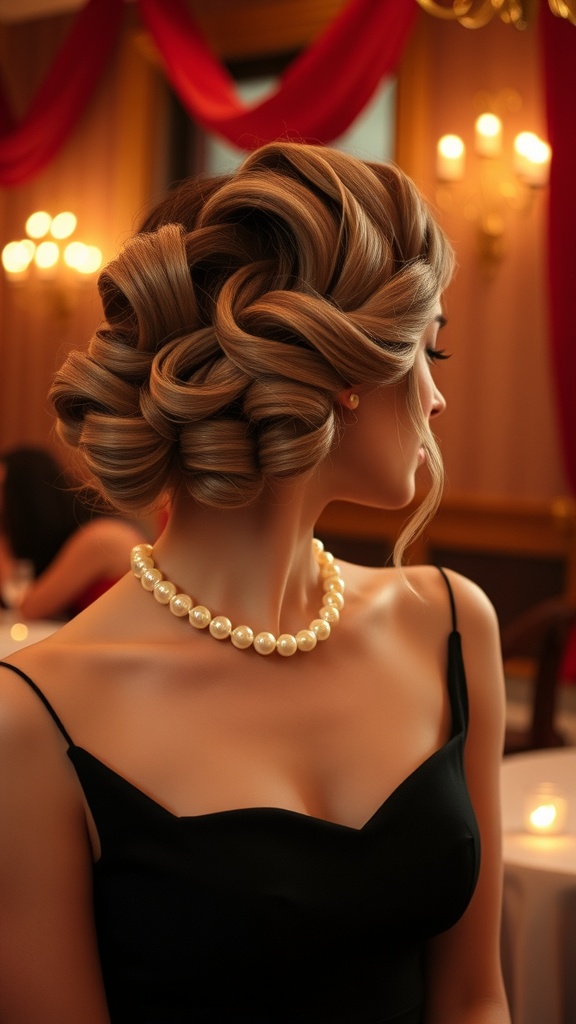 A woman with vintage finger waves hairstyle, wearing a black dress and pearl necklace, showcasing elegance.
