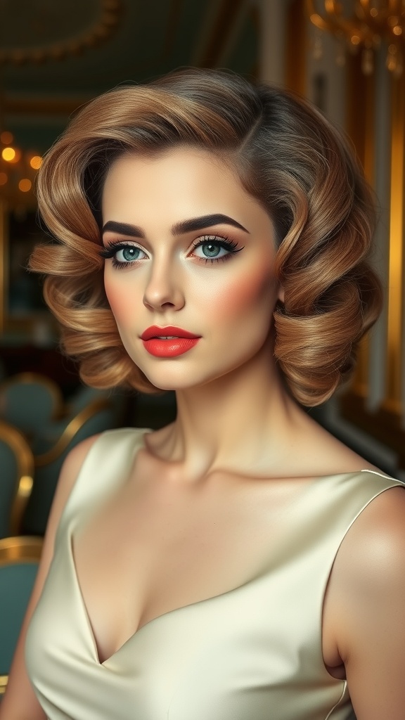 A woman with vintage glam curls styled elegantly.