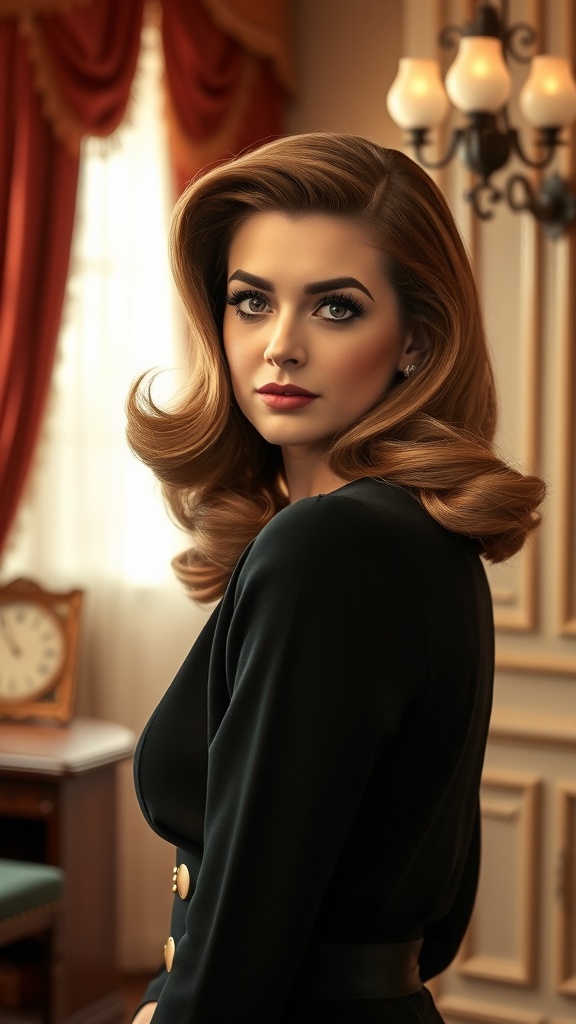 A woman with vintage Hollywood waves hairstyle, showcasing elegant curls and a glamorous look.