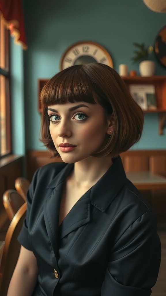 A young woman with a vintage inspired pageboy bob hairstyle, featuring straight bangs and a rounded bob, sitting in a cozy indoor setting.
