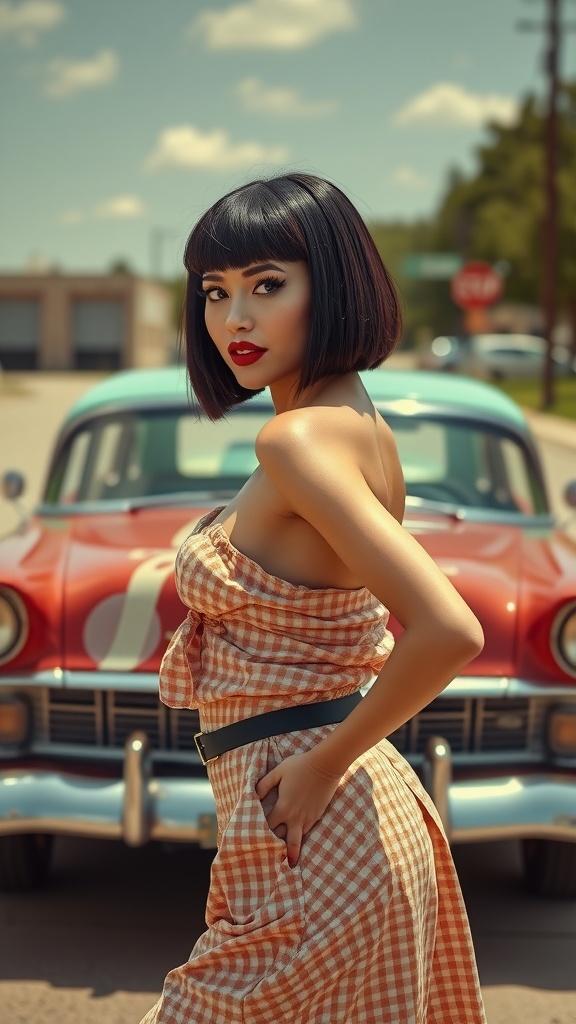 Model with a vintage pin-up bob hairstyle standing in front of a classic car, wearing a checkered dress.