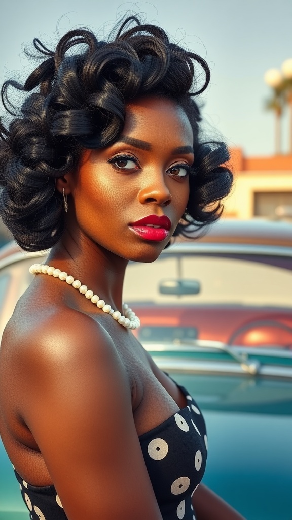 A woman with vintage pin-up curls wearing a black and white polka dot dress and a pearl necklace.
