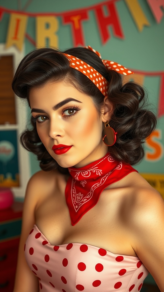 A woman with vintage pin-up curls wearing a polka dot dress and a red bandana.