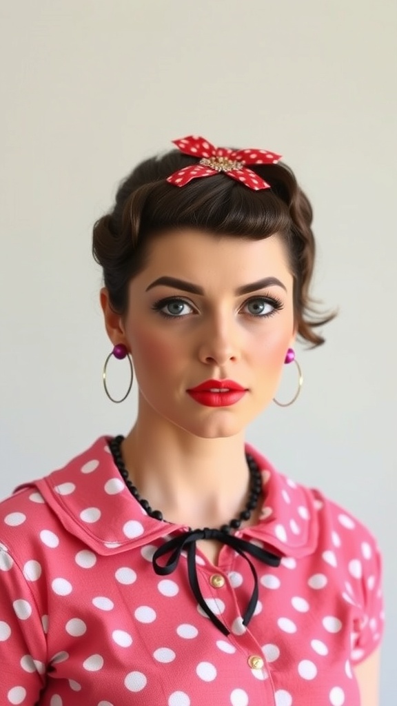 A woman with short hair styled in a vintage pin-up fashion, wearing a polka dot shirt and a red bow.