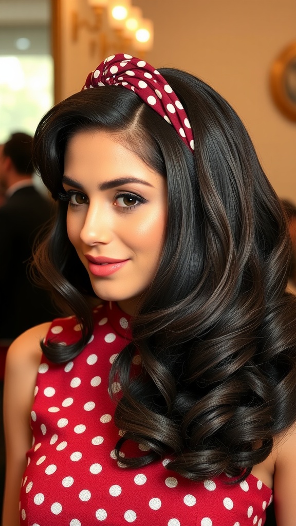 A woman with vintage pin-up waves and a polka-dot headband.