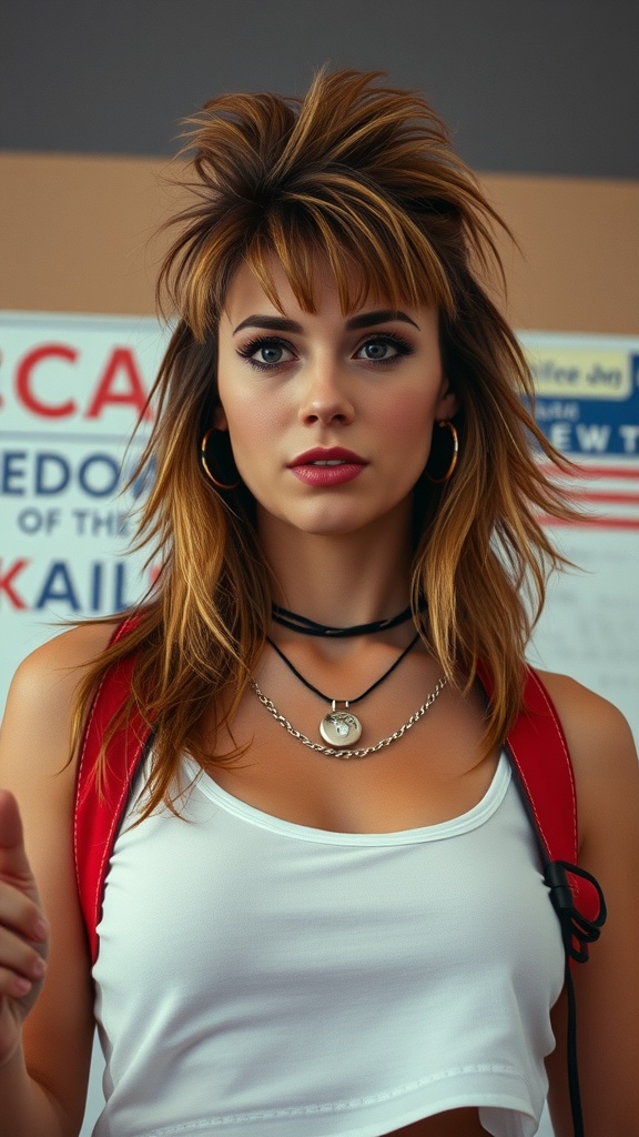 A woman with a modern mullet hairstyle, wearing a crop top and layered necklaces, posed against a colorful background.