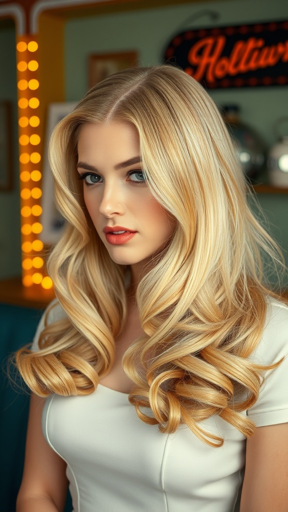 A woman with blonde hair styled in vintage waves, showcasing a long bob hairstyle.