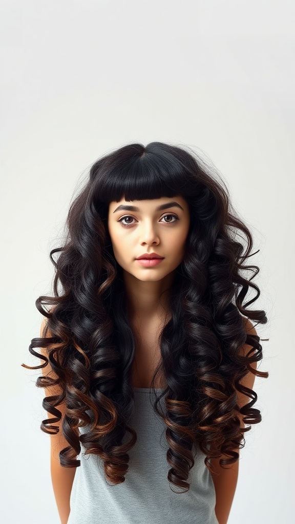 A woman with voluminous curly hair styled with blunt bangs, showcasing bold and lively locks.