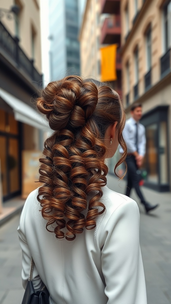 A woman with a voluminous curly ponytail showcasing defined curls and a stylish outfit.