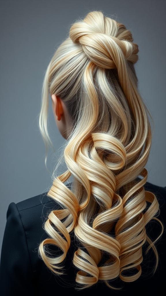 A woman with a voluminous ponytail styled with curls, showcasing a sleek top and bouncy curls.