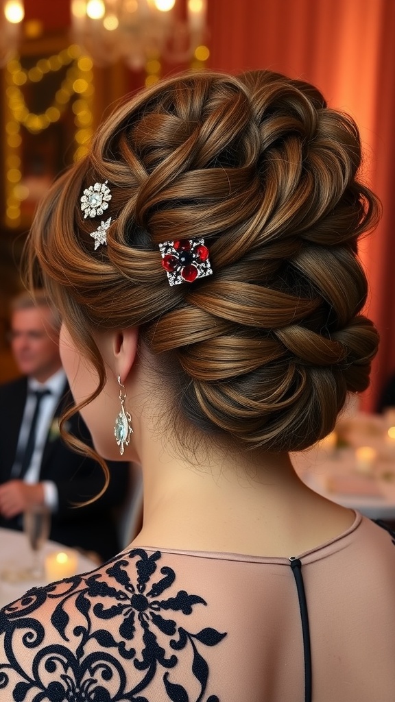 A stylish voluminous updo hairstyle adorned with sparkling accessories, ideal for special occasions.