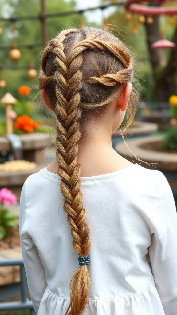A girl with a waterfall braid hairstyle, showcasing a charming and playful look.