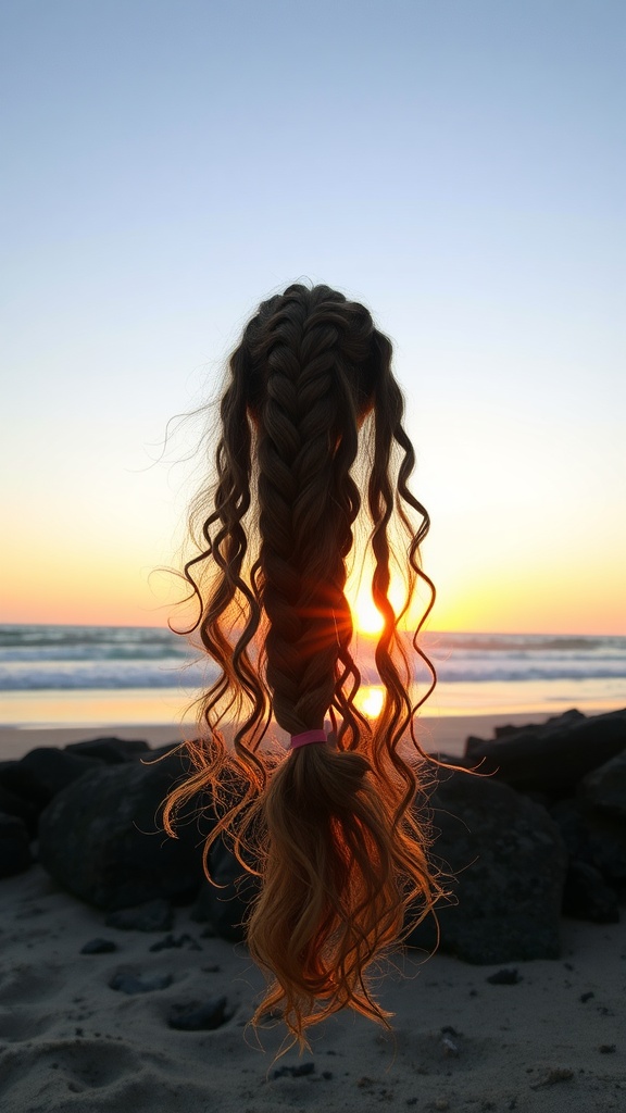 A waterfall braid with curls, captured at sunset on the beach.