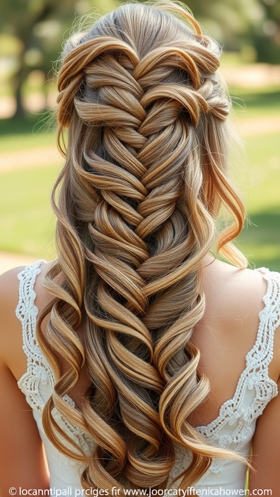 A woman with a waterfall braid and loose curls, showcasing a stylish hairstyle.