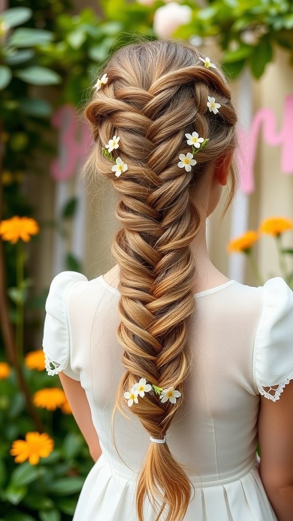 A girl with a waterfall braid decorated with floral clips, set against a backdrop of flowers.