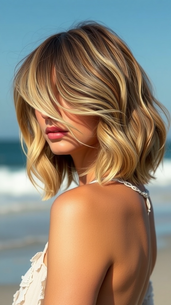 A woman with a wavy bob hairstyle enjoying a sunny beach day.
