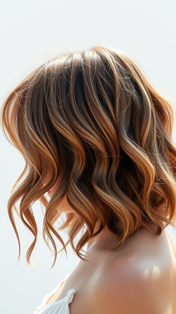 A close-up view of a wavy long bob hairstyle with beachy texture, featuring warm caramel highlights.