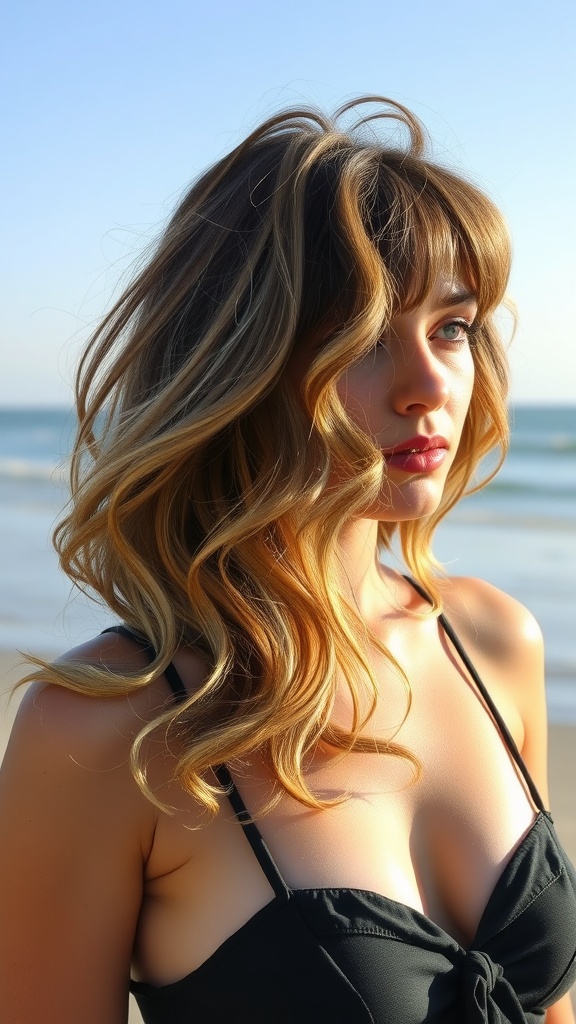 A young woman with wavy long bob hairstyle and curtain bangs, standing by the beach.