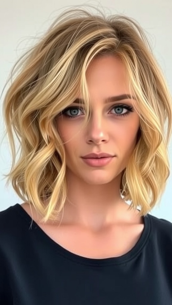 A woman with a wavy short bob hairstyle featuring face-framing layers, looking stylish and approachable.