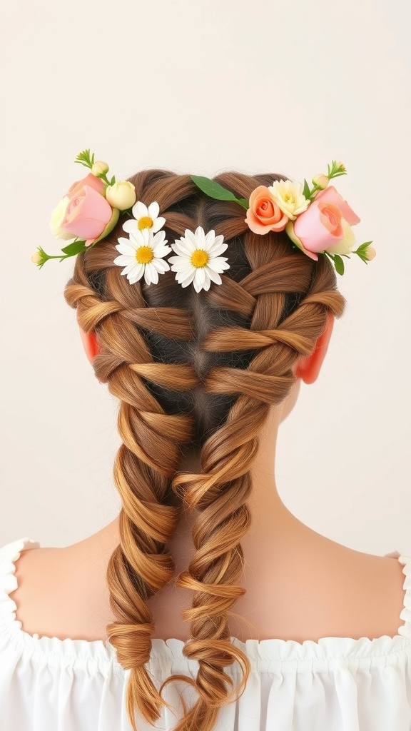 A whimsical braided crown hairstyle featuring two braids adorned with flowers.